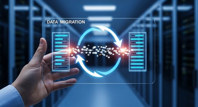Data migration concept a hand holding a transparent screen displaying the process of transferring data between two servers in a modern data center environment