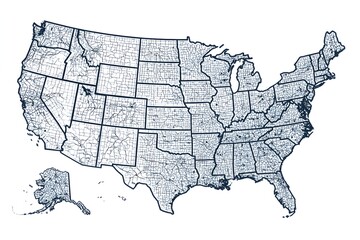 Detailed Map of the United States Showing State and County Boundaries in Blue and White