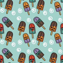 Popsicles Seamless Pattern With Jack O Lantern Faces for Halloween and autumn themed stock visuals. Seasonal Ice Cream Illustration..