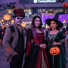 Thai Folklore Halloween Gathering in Eerie Temple Setting