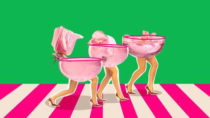 Digital artwork. Walking rose cocktails with legs in high heels on striped floor and green backdrop. Concept of lifestyle tourism, parties, modern art, stylish leisure and colorful editorial visuals.
