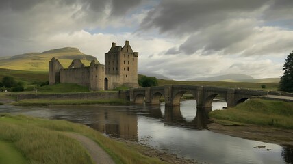Ancient medieval castle ruins beside a stone bridge over a serene river in the scottish highlands