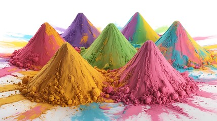 Vibrant holi festival powders piled in cones creating a colorful celebration