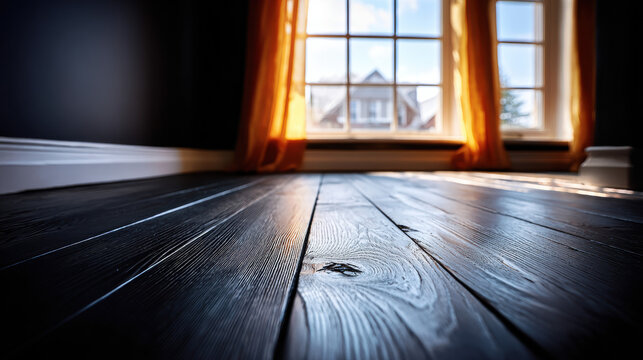Dark wooden floorboard texture in sunlit room with orange curtains and window view creating warm cozy atmosphere