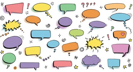 Obraz premium Colorful Comic Speech Bubbles and Symbols on White Background