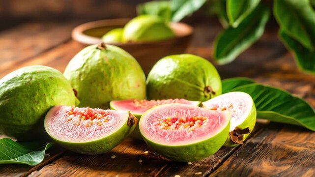 Fresh guava fruit, whole and sliced, on a wooden surface with leaves