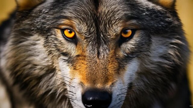 Close-up Wolf's Gaze: An intimate shot of a majestic wolf, its intense yellow eyes fixated directly forward, embodying both the beauty and untamed spirit of the wild