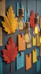 Creator Fall Content Plan, cozy wall board decorated with colorful autumn leaves, sticky notes, and glowing Edison-style light bulbs arranged for seasonal planning, warm inspiration