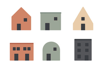 Six different house designs displayed in a simple and colorful format on a white background