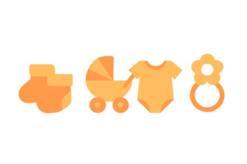 Baby essentials in bright orange colors showcasing socks, stroller, onesie, and teething ring for a cheerful nursery theme