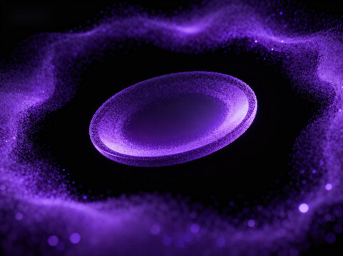 A purple abstract cosmic disk with surrounding glowing particles, set in a dark void, showcasing a mystical and futuristic cosmic scene.