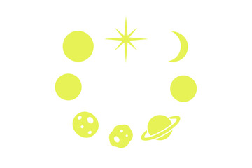 Cosmic symbols illustrating phases of celestial bodies in a minimalist design using bright yellow and simple shapes