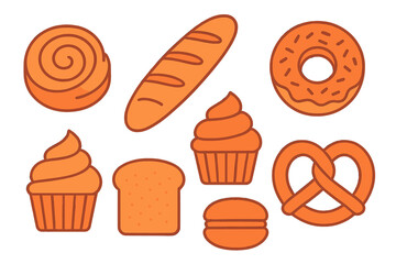 Delicious collection of bakery items featuring pastries, breads, and sweets in a simple and colorful style