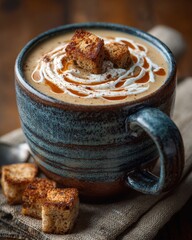 Thanksgiving celebrations on a budget, creamy soup topped with seasoned croutons and cream drizzle served in rustic ceramic mug on cozy napkin for warm and nourishing seasonal gatherings