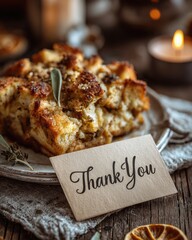 Thanksgiving celebrations on a budget, savory bread stuffing served on rustic plate with fresh herbs, thank you card and warm candlelight styled for cozy holiday table and heartfelt seasonal gratitude