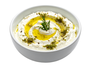 Labneh yogurt cream cheese with olive oil, herbs and zaatar isolated on transparent png