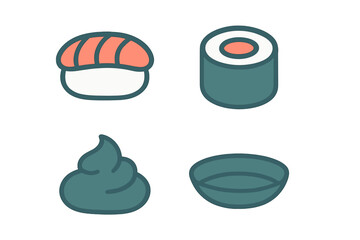 Various sushi types displayed in a simple and colorful design for a food-related project or menu