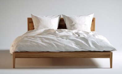 Front view of a wooden bed with white linens against a white backdrop