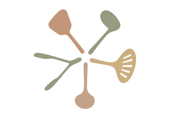 Variety of kitchen utensils arranged in a circular pattern on a white background showcasing different shapes and colors