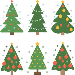 A set of six minimalist Christmas tree illustrations with decorations, ornaments, snowflakes, stars, ideal for festive holiday design