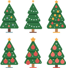 A set of six minimalist Christmas tree illustrations with decorations, ornaments, snowflakes, stars, ideal for festive holiday design
