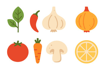 Fresh vegetables and fruits including spinach, garlic, and chili pepper displayed in a colorful layout