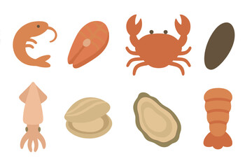 Various seafood illustrations featuring shrimp, crab, squid, oysters, and clams displayed on a simple background