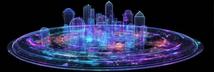 A digital skyline showcases futuristic buildings illuminated by neon colors, set against a dark starry backdrop, creating a captivating urban landscape.