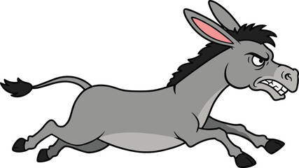 Angry cartoon donkey running fast with fierce expression, aggressive animal mascot vector, wild mule illustration, humorous animated livestock clipart