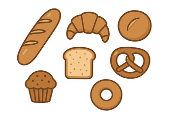 Variety of baked goods including bread, croissant, muffin, and donut displayed on a plain background