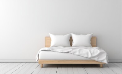 Simple, minimalist bedroom design with a wooden bed, white bedding and pillows, against a white wall