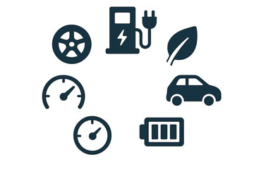 Electric car icons showing charging, efficiency, and environmental impact in modern transportation