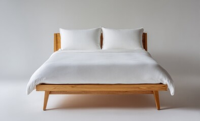 Modern wooden bed frame with crisp white bedding, against a neutral background