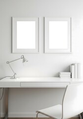 Minimalist White Desk with Two Blank Frames and Lamp.