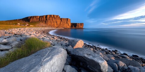 Breathtaking Rugged Coastline Landscape at Golden Hour, Featuring Rocky Beach and Cliffside View