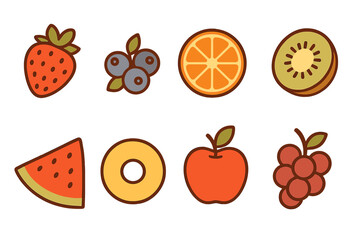Colorful cartoon fruits including strawberries, blueberries, oranges, kiwis, watermelon, pineapples, apples, and grapes on white background