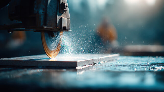 Wet circular saw cutting metal sheet with sparks and water spray, industrial cutting action capturing motion and cool light