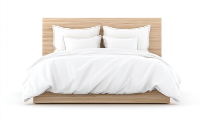 A neatly made bed with white linens and pillows, set against a light wood headboard
