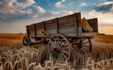 Antique wooden wagon stands in wheat field during sunset old farm equipment nostalgia