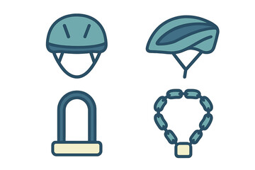 Different types of bicycle helmets and locks showcased in a clear and simple design