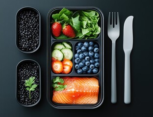 Black bento box shows food prep w/ fish, berries, greens