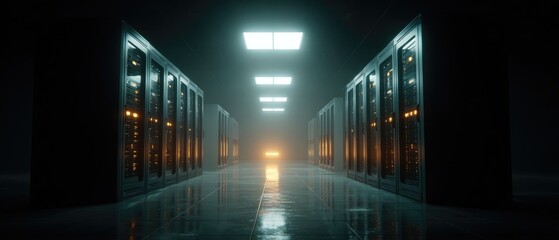Server racks in a dimly lit, futuristic data center