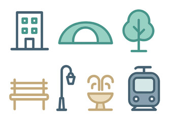 City park elements such as benches, trees, and a tram create a pleasant and vibrant urban atmosphere