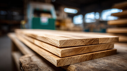 Stacked oak plank on workshop table with warm lighting and shallow depth of field, rustic woodworking atmosphere