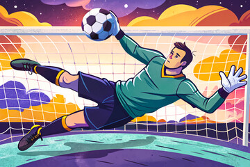Professional male soccer goalkeeper captured midair jumping for a dramatic save to catch the ball, illustrated in premium high-quality vector style, perfect for stock imagery, football sports themes