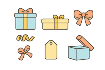 Collection of colorful gift boxes, decorative bows, ribbons, and blank tag for celebrations