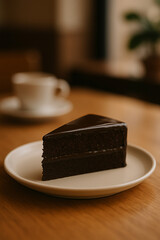 A slice of chocolate cake and cup of coffee on a table in a cafe