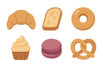 Assortment of popular baked goods including croissant, bread, donut, cupcake, macaron, and pretzel