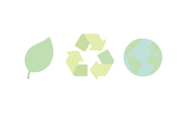 Green leaf, recycling symbol, and earth globe representing environmental sustainability
