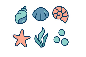 Vibrant collection of stylized marine life elements and ocean icons on a white background